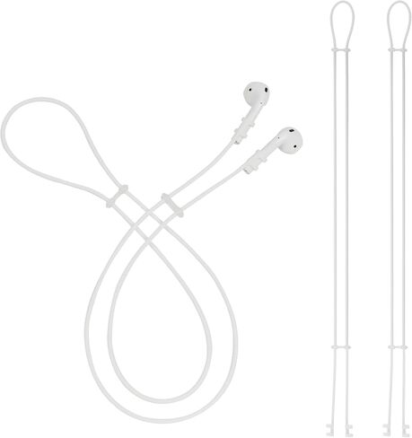 [White Color Pair], Sandian Anti-Lost Earbuds Strap for Wireless Earphones, Compatible with AirPods, Soundcore, Adjustable Length, Super Lite Stretch Fit, Neck Around Soft Silicone Rope Lanyard in Kuwait