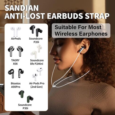 [White Color Pair], Sandian Anti-Lost Earbuds Strap for Wireless Earphones, Compatible with AirPods, Soundcore, Adjustable Length, Super Lite Stretch Fit, Neck Around Soft Silicone Rope Lanyard in Kuwait
