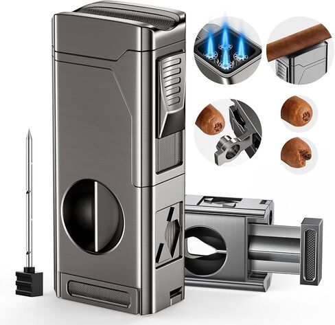 Tesonway Cigar Torch Lighter, 4 Jet Flame Cigar Lighter with Cigar Cutter V Cut Cigar Accessories Cigar Holder Cigar Punch Cigar Draw Enhancer, Windproof Refillable Butane Lighter, Cigar Gifts for Men in Kuwait