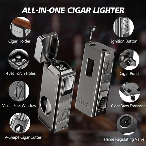 Tesonway Cigar Torch Lighter, 4 Jet Flame Cigar Lighter with Cigar Cutter V Cut Cigar Accessories Cigar Holder Cigar Punch Cigar Draw Enhancer, Windproof Refillable Butane Lighter, Cigar Gifts for Men in Kuwait