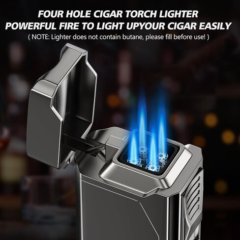 Tesonway Cigar Torch Lighter, 4 Jet Flame Cigar Lighter with Cigar Cutter V Cut Cigar Accessories Cigar Holder Cigar Punch Cigar Draw Enhancer, Windproof Refillable Butane Lighter, Cigar Gifts for Men in Kuwait