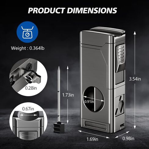 Tesonway Cigar Torch Lighter, 4 Jet Flame Cigar Lighter with Cigar Cutter V Cut Cigar Accessories Cigar Holder Cigar Punch Cigar Draw Enhancer, Windproof Refillable Butane Lighter, Cigar Gifts for Men in Kuwait
