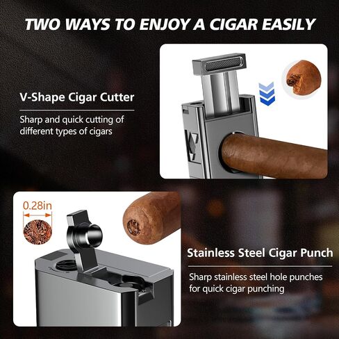 Tesonway Cigar Torch Lighter, 4 Jet Flame Cigar Lighter with Cigar Cutter V Cut Cigar Accessories Cigar Holder Cigar Punch Cigar Draw Enhancer, Windproof Refillable Butane Lighter, Cigar Gifts for Men in Kuwait