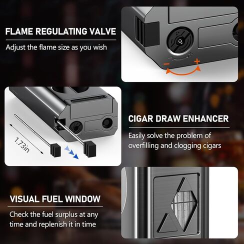 Tesonway Cigar Torch Lighter, 4 Jet Flame Cigar Lighter with Cigar Cutter V Cut Cigar Accessories Cigar Holder Cigar Punch Cigar Draw Enhancer, Windproof Refillable Butane Lighter, Cigar Gifts for Men in Kuwait