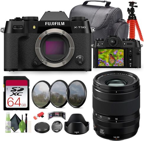 FUJIFILM X-T50 Mirrorless Digital Camera Body - Black Bundle with Fuji XF 16-50mm f/2.8-4.8 R LM WR Lens + 64GB UHS-II SDXC Memory Card + 12 inch Flexible Tripod + More in Kuwait