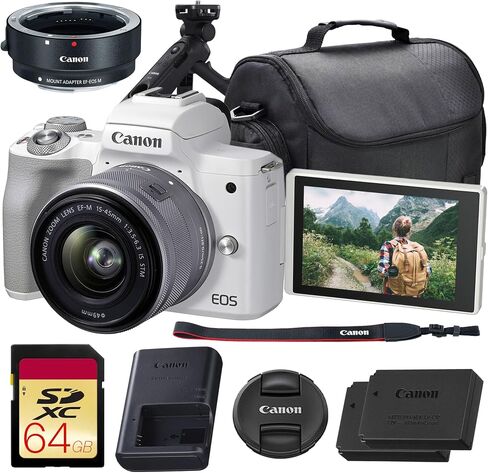 Canon EOS M50 Mark II Mirrorless Camera with 15-45mm Lens (White)| 24.1MP APS-C, Dual Pixel CMOS AF, 4K Video & Vari-Angle Touchscreen| For Vlogging & Content (4729C004) + HG-100TBR Tripod Grip + More in Kuwait