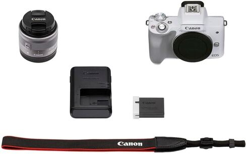 Canon EOS M50 Mark II Mirrorless Camera with 15-45mm Lens (White)| 24.1MP APS-C, Dual Pixel CMOS AF, 4K Video & Vari-Angle Touchscreen| For Vlogging & Content (4729C004) + HG-100TBR Tripod Grip + More in Kuwait