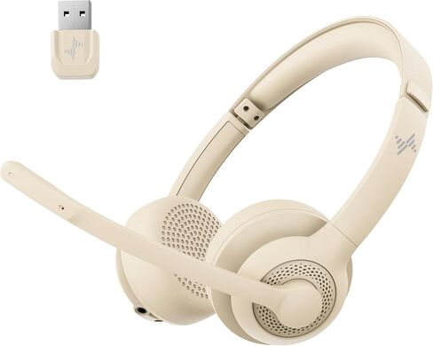 JIAMQISHI Wireless Headset with AI Noise Cancelling Microphone Bluetooth Headset - Bluetooth V5.2 Headphones with USB Dongle & Mic Mute for Computer/Laptop/PC/iPhone/Android/Cell Phones/Zoom-Apricot in Saudi Arabia