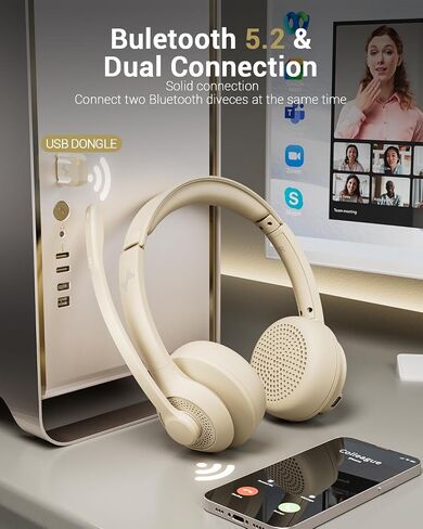 JIAMQISHI Wireless Headset with AI Noise Cancelling Microphone Bluetooth Headset - Bluetooth V5.2 Headphones with USB Dongle & Mic Mute for Computer/Laptop/PC/iPhone/Android/Cell Phones/Zoom-Apricot in Saudi Arabia