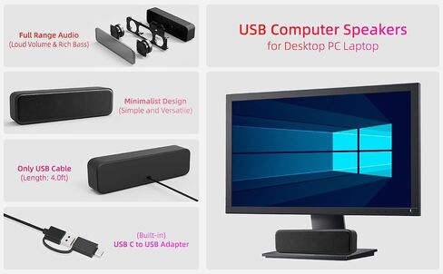 Computer Speakers for Desktop PC, External Speakers for Laptop, Mini Computer Soundbar for PC, Wired USB Plug in Speakers with Loud Sound, Deep Bass, Wide Compatibility – Bult-in USB C to USB Adapter in Saudi Arabia
