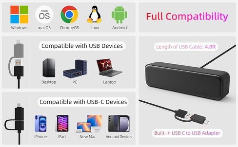 Computer Speakers for Desktop PC, External Speakers for Laptop, Mini Computer Soundbar for PC, Wired USB Plug in Speakers with Loud Sound, Deep Bass, Wide Compatibility – Bult-in USB C to USB Adapter in Saudi Arabia