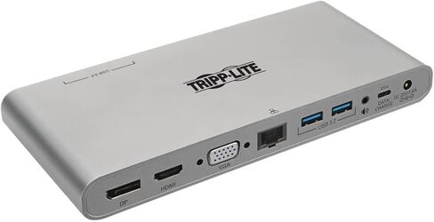 Tripp Lite International USB-C Docking Station, Triple Monitor Support, EU & UK Power Cables, 4K @ 30Hz HDMI & DisplayPort, VGA, Gigabit Ethernet, 100W USB-C Charging, 3-Year Warranty (U442-DOCK4-INT) in Saudi Arabia
