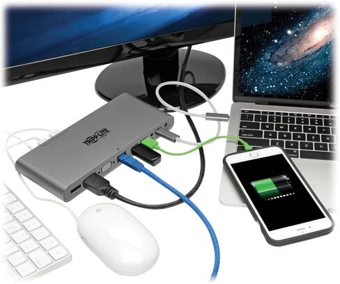 Tripp Lite International USB-C Docking Station, Triple Monitor Support, EU & UK Power Cables, 4K @ 30Hz HDMI & DisplayPort, VGA, Gigabit Ethernet, 100W USB-C Charging, 3-Year Warranty (U442-DOCK4-INT) in Saudi Arabia