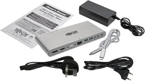 Tripp Lite International USB-C Docking Station, Triple Monitor Support, EU & UK Power Cables, 4K @ 30Hz HDMI & DisplayPort, VGA, Gigabit Ethernet, 100W USB-C Charging, 3-Year Warranty (U442-DOCK4-INT) in Saudi Arabia