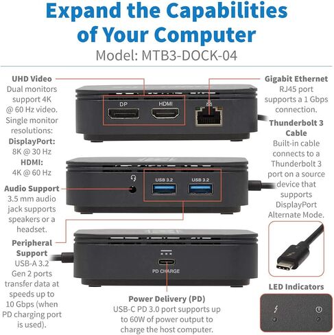 Tripp Lite Thunderbolt 3 Dock Dual Display 8k DP 4k HDMI USB-A Hub Gbe (MTB3-DOCK-04) in Saudi Arabia