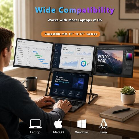 Laptop Triple Screen Extender, 14" Freestanding Triple Portable Monitor for Laptop, 1080P FHD IPS, 1 USB-C Connection for 4 Screens, Foldable Triple Screen for Work & Travel in Kuwait