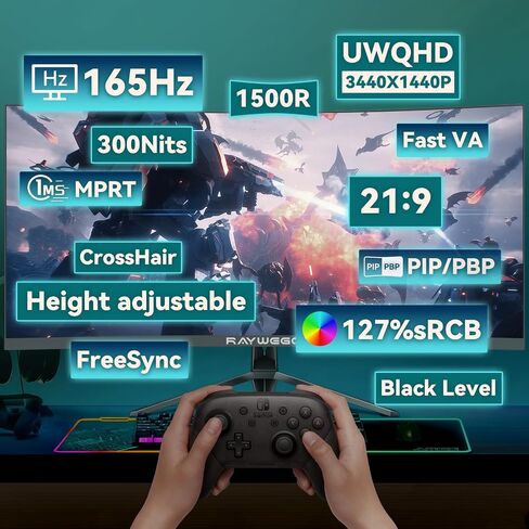 Raywego 34 Inch Curved Ultrawide Gaming Monitor, UWQHD 165Hz, 1500R in Kuwait