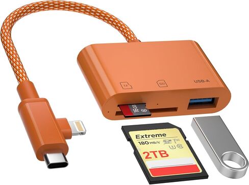 SD Card Reader for iPhone, Dual Connector (USB-C & Lightning) Memory Card Reader with USB 2.0 Port, Supports SD & TF Cards Simultaneously, MFi, Plug and Play for iPhone/iPad/Mac/Android/PC (Orange) in Kuwait