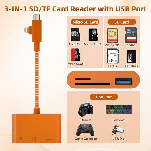 SD Card Reader for iPhone, Dual Connector (USB-C & Lightning) Memory Card Reader with USB 2.0 Port, Supports SD & TF Cards Simultaneously, MFi, Plug and Play for iPhone/iPad/Mac/Android/PC (Orange) in Kuwait