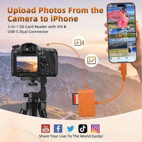 SD Card Reader for iPhone, Dual Connector (USB-C & Lightning) Memory Card Reader with USB 2.0 Port, Supports SD & TF Cards Simultaneously, MFi, Plug and Play for iPhone/iPad/Mac/Android/PC (Orange) in Kuwait
