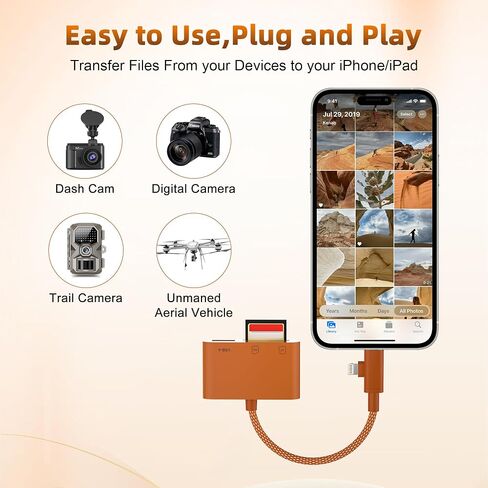 SD Card Reader for iPhone, Dual Connector (USB-C & Lightning) Memory Card Reader with USB 2.0 Port, Supports SD & TF Cards Simultaneously, MFi, Plug and Play for iPhone/iPad/Mac/Android/PC (Orange) in Kuwait