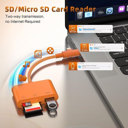 SD Card Reader for iPhone, Dual Connector (USB-C & Lightning) Memory Card Reader with USB 2.0 Port, Supports SD & TF Cards Simultaneously, MFi, Plug and Play for iPhone/iPad/Mac/Android/PC (Orange) in Kuwait