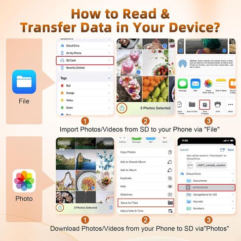 SD Card Reader for iPhone, Dual Connector (USB-C & Lightning) Memory Card Reader with USB 2.0 Port, Supports SD & TF Cards Simultaneously, MFi, Plug and Play for iPhone/iPad/Mac/Android/PC (Orange) in Kuwait