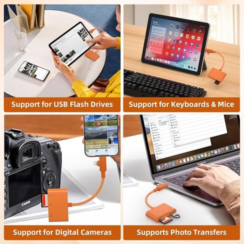 SD Card Reader for iPhone, Dual Connector (USB-C & Lightning) Memory Card Reader with USB 2.0 Port, Supports SD & TF Cards Simultaneously, MFi, Plug and Play for iPhone/iPad/Mac/Android/PC (Orange) in Kuwait