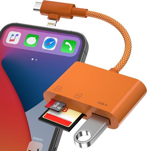 SD Card Reader for iPhone, Dual Connector (USB-C & Lightning) Memory Card Reader with USB 2.0 Port, Supports SD & TF Cards Simultaneously, MFi, Plug and Play for iPhone/iPad/Mac/Android/PC (Orange) in Kuwait