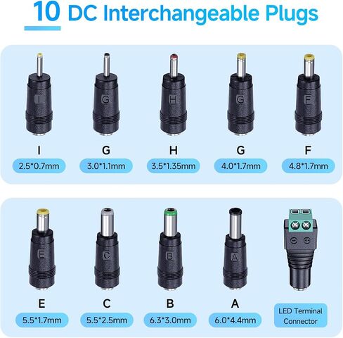 10PCS DC Power Adapter Connector kit with 5.5 x 2.1mm Female Base, 2.5x0.7mm/3.0x1.1mm/3.5x1.35mm/4.0x1.7mm/4.8x1.7mm/5.5x1.7mm/5.5x2.5mm/6.3x3.0mm/6.0x4.4mm/LED Terminal Connector in Kuwait