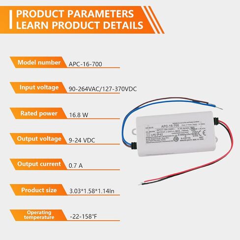 SBJ APC-16-700 16.8W AC-DC Constant Current Power Supply for LED Lighting, Adjustable Voltage 9-24V 0.7A Output, Universal Input 90-264VAC, Compact Design Ideal for Decorative in Kuwait