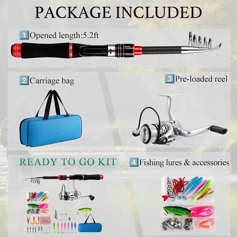 Fishing Pole Set, 5.2FT Compact Telescopic Fishing Rod and Reel Combo with Complete Tackle Lures, Travel Carry Bag All-in-One Fishing Gear for Beginner Spinning Rod Combo Fishing Gift in Kuwait