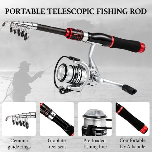 Fishing Pole Set, 5.2FT Compact Telescopic Fishing Rod and Reel Combo with Complete Tackle Lures, Travel Carry Bag All-in-One Fishing Gear for Beginner Spinning Rod Combo Fishing Gift in Kuwait