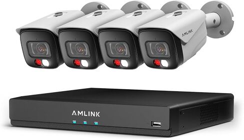 AMLINK 5MP POE Security Camera System Outdoor, 8CH POE NVR, 4pcs 5MP Bullet Camera, Human/Vehicle Detection, IP67, Deterrent, Two Way Audio, Hard Drive Not Included, ALN-4108E-B5172EW4 in Kuwait