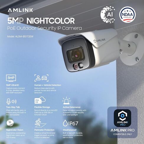 AMLINK 5MP POE Security Camera System Outdoor, 8CH POE NVR, 4pcs 5MP Bullet Camera, Human/Vehicle Detection, IP67, Deterrent, Two Way Audio, Hard Drive Not Included, ALN-4108E-B5172EW4 in Kuwait
