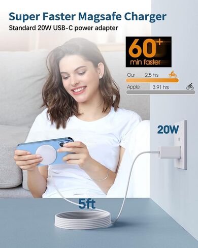 Magnetic Wireless Charger Mag-Safe Charger for iPhone 17/16/15/14/13/12 Series Convertible Magnet Wireless Charging Stand/Pad with 5ft Cable for iPhone and AirPods 2/3/Pro 2/Pro in Kuwait
