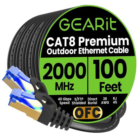 GEARit Cat8 Ethernet Cable 100ft Black Cat 8 40Gbps 2000MHz RJ45 LAN Gaming | Outdoor: waterproof direct burial LLDPE UV, Build: 26AWG pure copper SFTP, Use: PC PS5 PS4 PS3 Xbox router mesh data stream in Kuwait