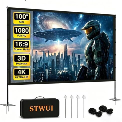 STWUI Outdoor-Projector-Screen-with-Stand - 120 inch Portable Projector Screen Indoor Outdoor Projector Screens 16:9 4K HD Lightweight Movie Screen with Carry Bag for Backyard Movie Night in Kuwait