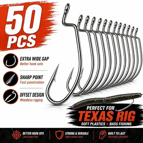 Moose Baits EWG Offset Worm Hooks for Bass Fishing – Texas Rig Hooks, Extra Wide Gap Soft Plastic Hooks for Freshwater Bass, Sizes Assorted in Kuwait