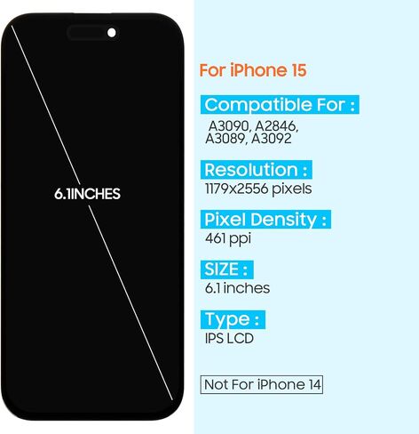 Screen Replacement for iPhone 15 LCD Display for iPhone15 LCD Screen A2846 A3089 A3092 A3090 Touch Screen Assembly Replacement with Repair Kits (Black,6.1 inch) in Kuwait
