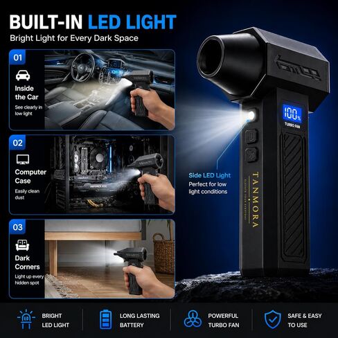 Electric Air Duster, 130000RPM Cordless Compressed Air Duster, Rechargeable Air Blower with LED Display & LED Light, 3-Speed Turbo Fan for PC Keyboard, Car & Home Cleaning in Kuwait
