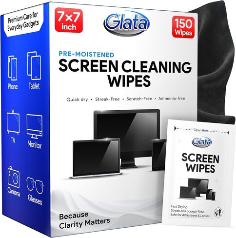 Screen Wipes (150 Pack) - 7"x7" Large Electronic Wipes, Computer Screen Cleaner for Electronics, Laptop, Phone, Tablet, Monitor & Car - Individually Wrapped Lens Wipes - Microfiber Included in Kuwait