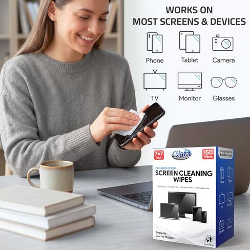 Screen Wipes (150 Pack) - 7"x7" Large Electronic Wipes, Computer Screen Cleaner for Electronics, Laptop, Phone, Tablet, Monitor & Car - Individually Wrapped Lens Wipes - Microfiber Included in Kuwait