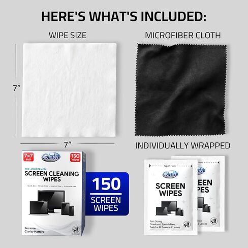 Screen Wipes (150 Pack) - 7"x7" Large Electronic Wipes, Computer Screen Cleaner for Electronics, Laptop, Phone, Tablet, Monitor & Car - Individually Wrapped Lens Wipes - Microfiber Included in Kuwait
