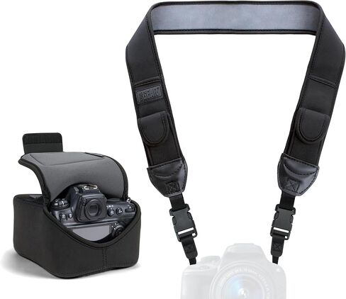 USA Gear Large Camera Sleeve (Black) + Camera Neck Strap (Black) - Bundle in Kuwait