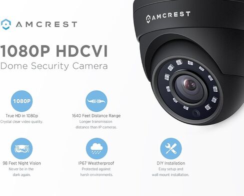 Amcrest Full HD 1080P 1920TVL Dome Outdoor Security Camera, 2MP 1920x1080, 3.6mm Lens 90° Viewing Angle, Black (REP-AMC1080DM36-B) (Renewed) in Kuwait