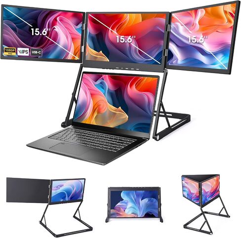 15.6" Triple Laptop Screen Extender, FHD 1080P IPS Portable Monitor for 11-18" Laptops, Foldable 360° Rotating Display, USB-C & HDMI, Compatible with Windows and MacOS in Kuwait