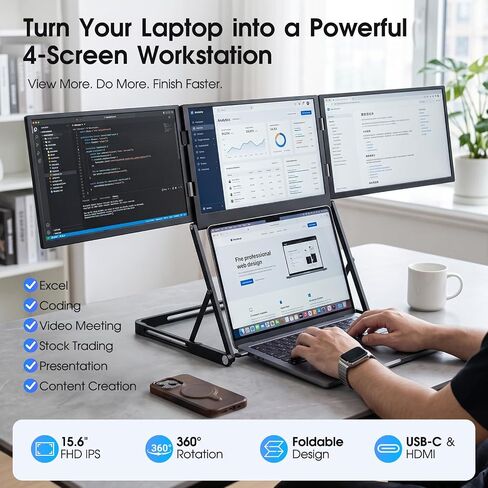 15.6" Triple Laptop Screen Extender, FHD 1080P IPS Portable Monitor for 11-18" Laptops, Foldable 360° Rotating Display, USB-C & HDMI, Compatible with Windows and MacOS in Kuwait