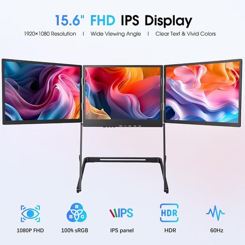 15.6" Triple Laptop Screen Extender, FHD 1080P IPS Portable Monitor for 11-18" Laptops, Foldable 360° Rotating Display, USB-C & HDMI, Compatible with Windows and MacOS in Kuwait
