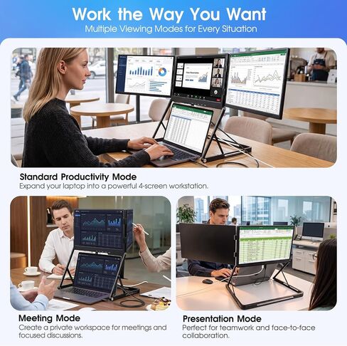 15.6" Triple Laptop Screen Extender, FHD 1080P IPS Portable Monitor for 11-18" Laptops, Foldable 360° Rotating Display, USB-C & HDMI, Compatible with Windows and MacOS in Kuwait